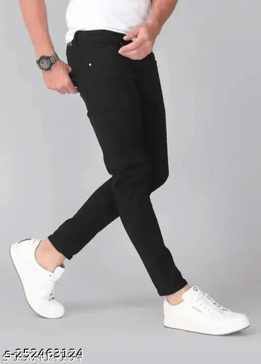 Mens black denim jeans, solid pattern, quality affordability for men's western wear. Size: 32 (Waist 32in, Length 39in, Hip 37in), Made in India
