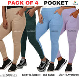 Cotton blend jeggings pack of 4, stylish and lightweight KARARO women's pants. Indian-made cotton lycra rib fabric. Available sizes: 26, 28, 30, 32, 34, Free Size