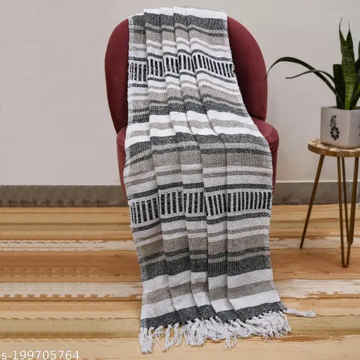 Breathable striped soft cotton throw, 150cm x 125cm / 60 x 50 inch, multicolor with tassels - ideal for sofa beds, couches, and travel. Made from 100% super soft cotton in India