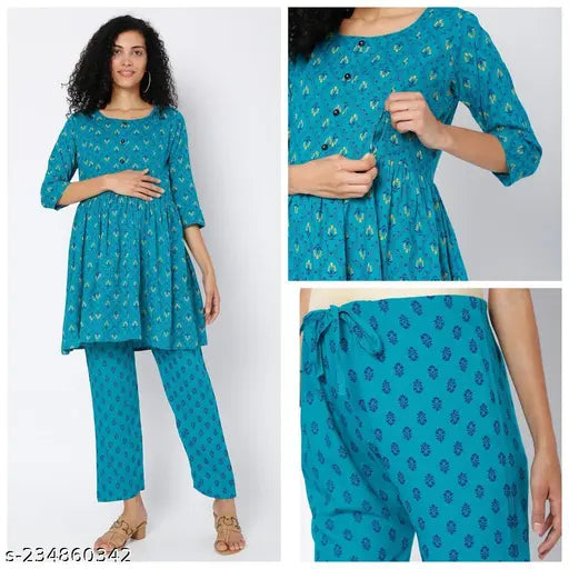 Rayon maternity frock pattern kurti with pant, floral print feeding top & pyjama set for women in sizes S-XXXL, India origin