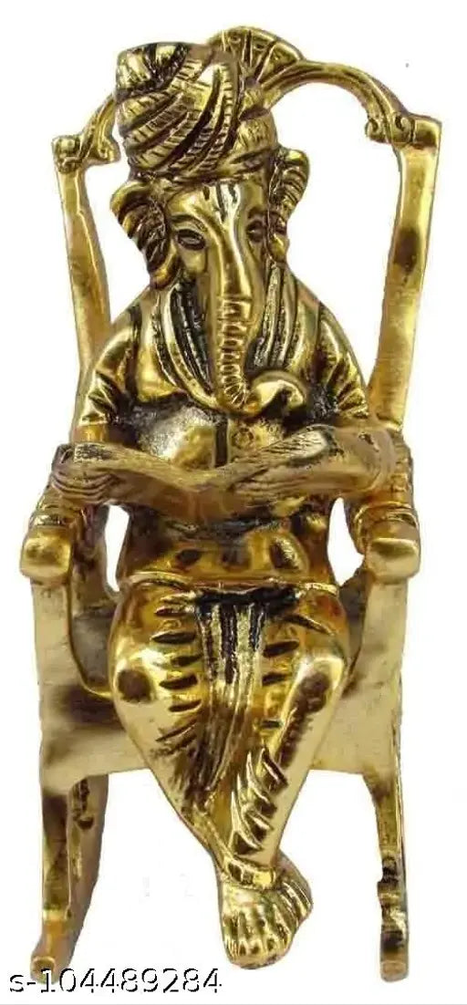 Brass Ganesha statue, Om Shubh labh figurine sitting on a chair reading Ramayan, decorative showpiece for corporate gifts and home decor