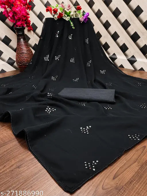 Indian saree design, black embroidered fabric with multiple sequins