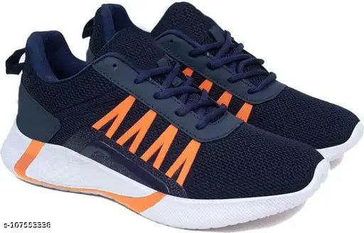 Dark blue sports shoes with white laces, orange and black accents