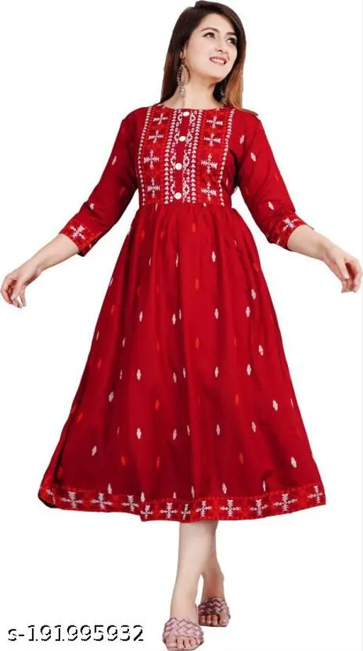 Red orange green yellow blue black gray printed rayon anarkali kurtis dress for women