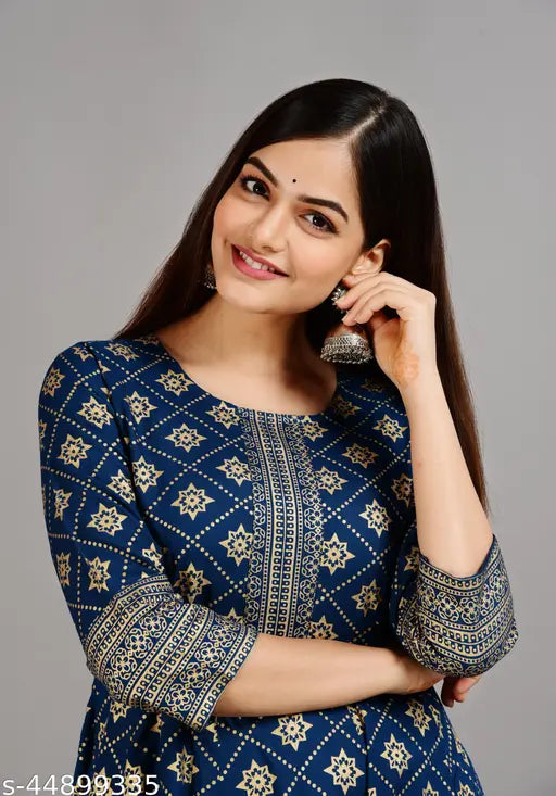 Anarkali Kurti, navy blue cotton with paisley print and short sleeves