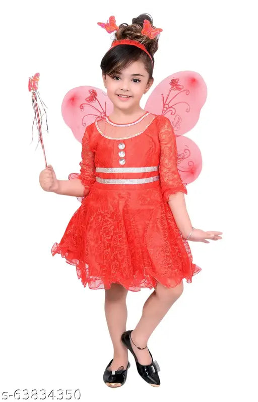 Red party dress for girls with wings and wand, festive design