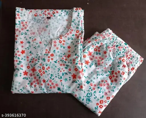 White and blue floral print viscose rayon daily wear top and pyjama set, night suit set for women and girls