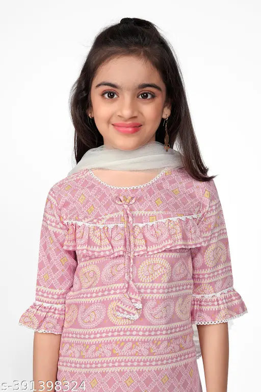 Baby pink cotton kurta set with dupatta and bottomwear for girls, embroidered traditional gathering top dhoti style. Indian fashion for functions, festivals, parties, events, birthdays, Ramzan, Diwali, Holi, wedding. High-quality, lightweight, comfortable, elegant