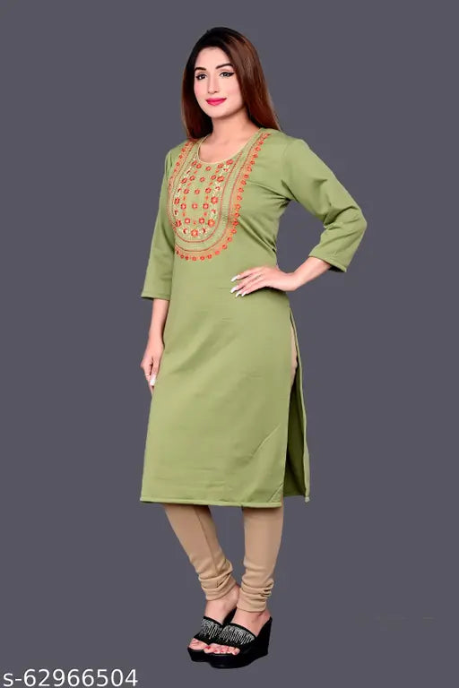 Womens straight embroidered woolen kurti, women's winter wear