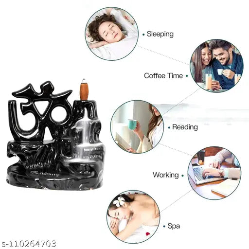 Handcrafted black resin OM design fountain incense holder with backflow cone and 10 scented incense cones, featuring a smokey waterfall effect. Indian artifact showpiece for home decor