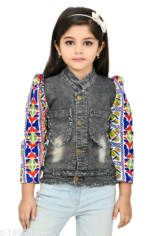 Denim girls jacket, solid net design, long sleeves, various sizes from 2-3 to 7-8 years old, made in India
