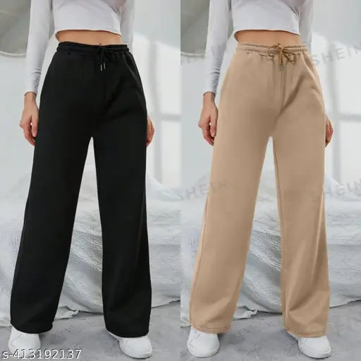 Straight fit solid lower combo set, 2 pants, 1 beige, 1 black
