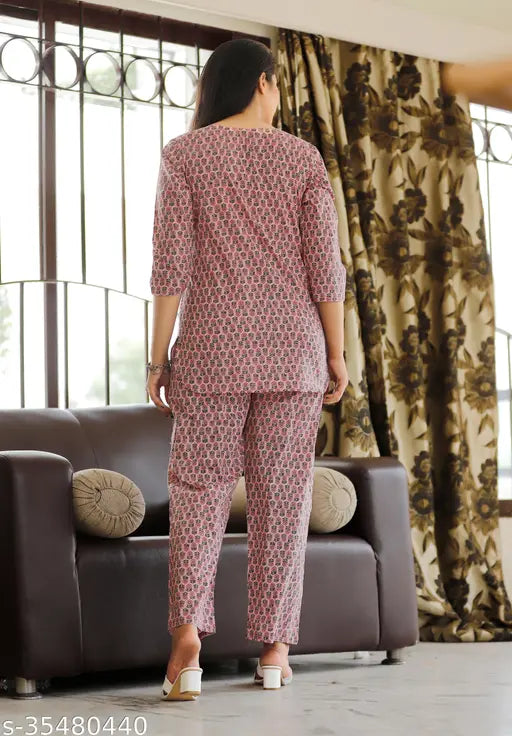 Pink cotton printed night suit, stylish and comfortable for women and girls with three-quarter sleeves