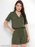 Army green crepe womens playsuit with short sleeves, solid pattern, and double pockets - Indian made casual wear for women