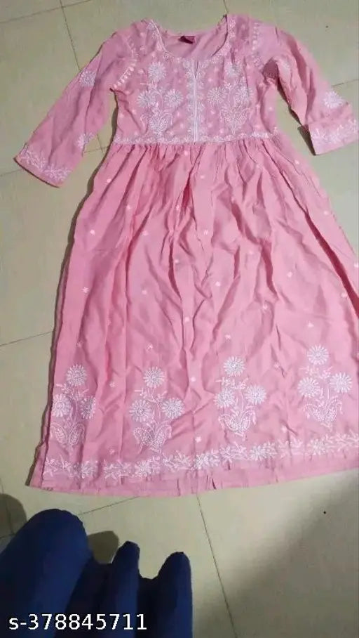Pink embroidery Anarkali Rayon kurti, three-quarter sleeves, women's fashion, high-quality check pass product, made in Jaipur India