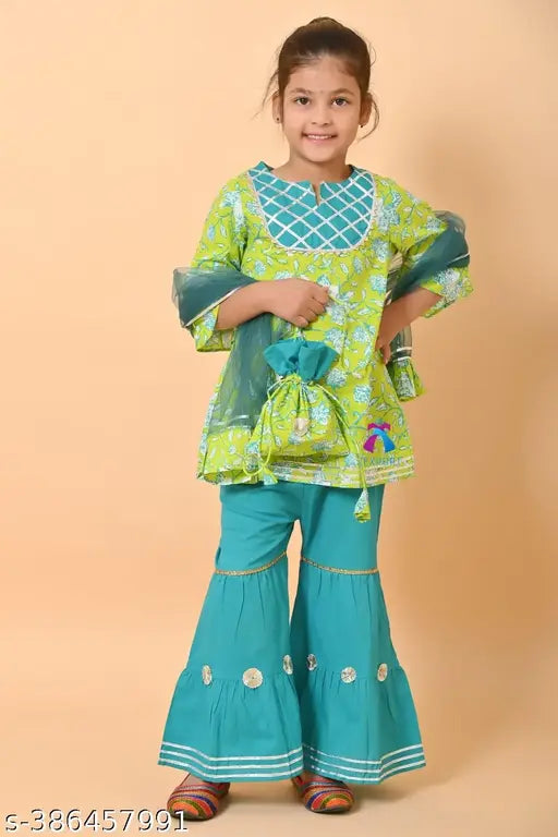 Floral print cotton Anarkali Kurta Sharara & Dupatta Set, vibrant colors for kids aged 2-10 years, Indian origin