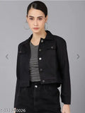 Denim jacket for women, self-design net pattern, three-quarter sleeves. Classic denim jacket with shank buttons and chest pockets, perfect for a casual night out. Made in India