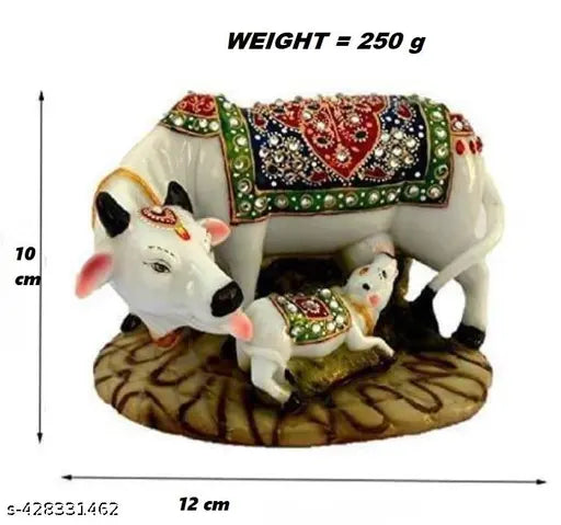 Marble Kamdhenu cow and calf statue with decorative diamond, spiritual figurine for home decor, 12 cm height