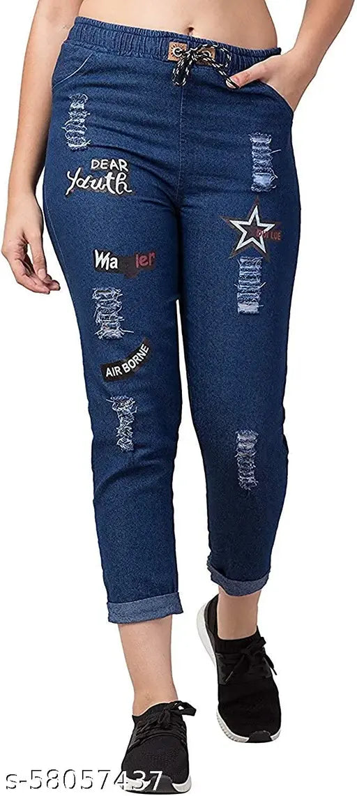Denim printed joggers for women, stylish and comfortable denim joggers with a net pattern, size 26/waist 26in, length 34in (India-made)