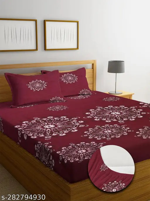 Maroon cotton 220 TC fitted bedsheet with botanical design, ideal for double king size drop mattress and includes two pillow covers, perfect for summer seasons