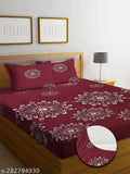 Maroon cotton 220 TC fitted bedsheet with botanical design, ideal for double king size drop mattress and includes two pillow covers, perfect for summer seasons