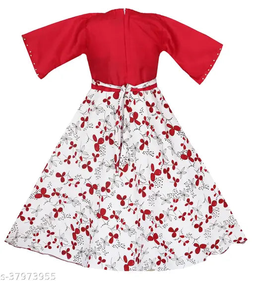Red floral print knee-length dress with red piping trim on sleeves and neckline