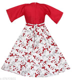 Red floral print knee-length dress with red piping trim on sleeves and neckline
