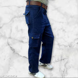 Blue denim cargo jeans with pockets, belt loop and adjustable straps
