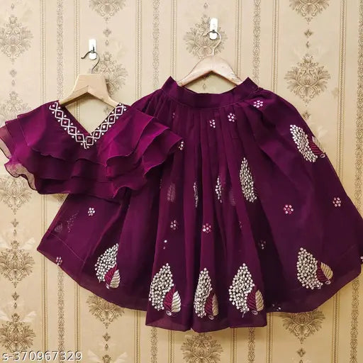 Shlok Enp Kids Girls Designer Crop Top with Lehenga in Georgette, embellished and embroidered, perfect for various occasions like weddings, parties, festivals, suitable sizes from 2-3 to 7-8 years