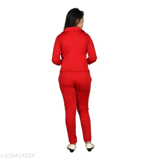 Red satin fabric jumpsuit, women's three piece dress set for 89 years, casual wear, partywear