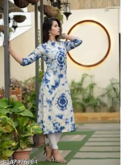 White and Blue Printed Viscose Rayon A-line Kurtis for women, three-quarter sleeves
