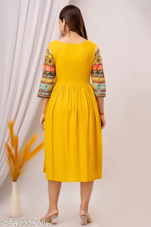 Yellow rayon Anarkali kameez with printed border, midi length