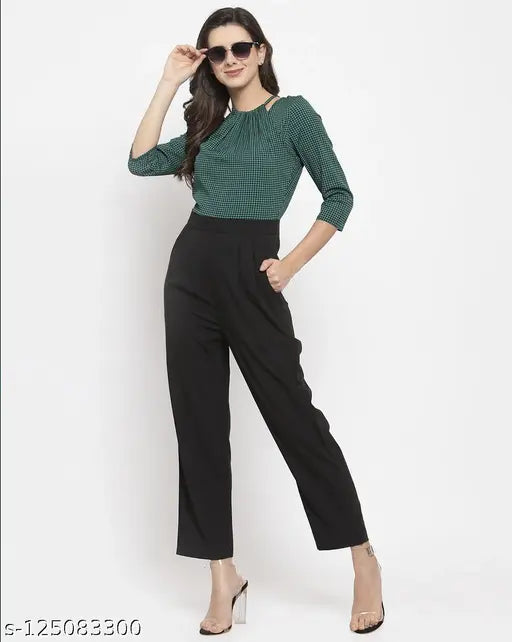 Women's green & black houndstooth print crepe jumpsuit with three-quarter sleeves and halter neck, size options: S, M, L, XL (India)