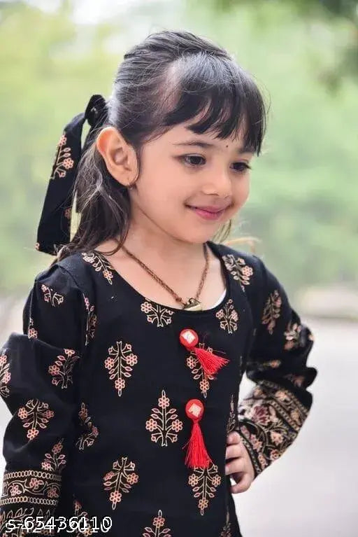 Girls black rayon kurti pack of 1, three-quarter sleeve, printed net pattern for kids aged 3-13, India origin