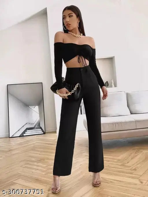 Trendy women's white and black cotton blend regular fit pants