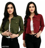 Maroon denim Mehandi jacket combo for women, solid net pattern, long sleeves, available in S, M, L, XL