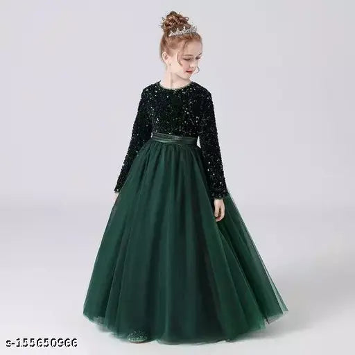 Green net fabric sequin work dress for girls partywear, full-length, round neck, long sleeves