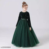 Green net fabric sequin work dress for girls partywear, full-length, round neck, long sleeves
