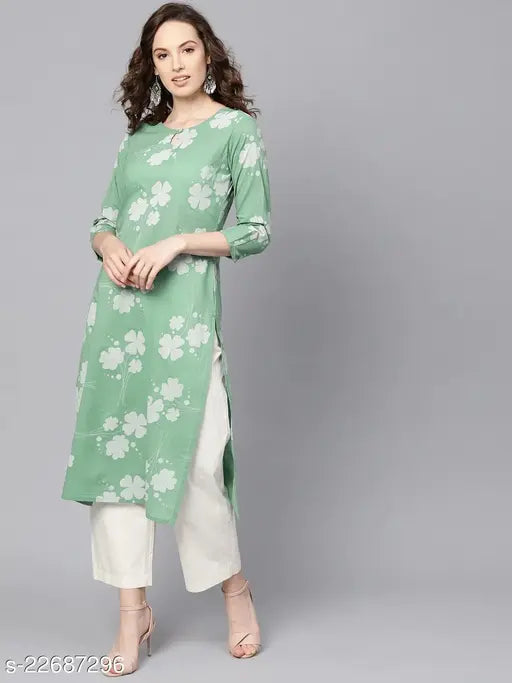 Womens long sleeve cotton kurta, blue with white floral pattern