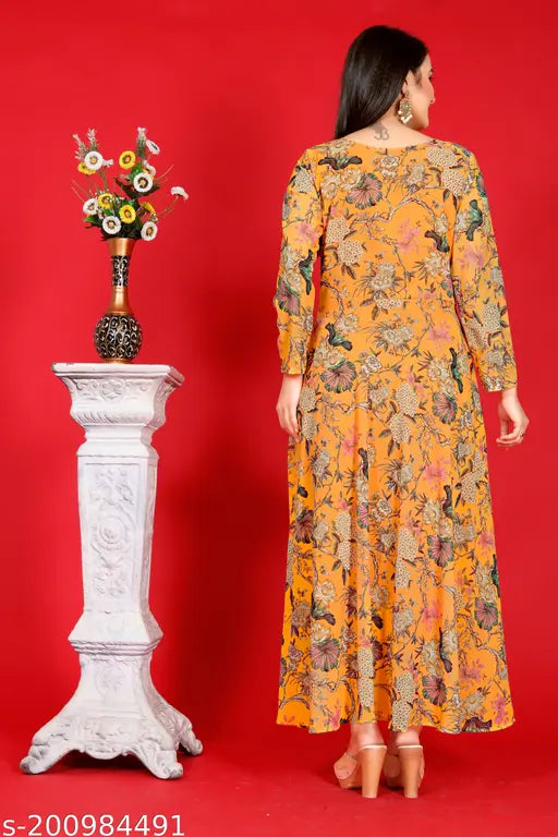 Digital Printed Georgette Gown-Long Kurti, single color combo, three-quarter sleeves. Georgette fabric, round neck, long sleeve design (slight color variations due to camera reflection). Made in India