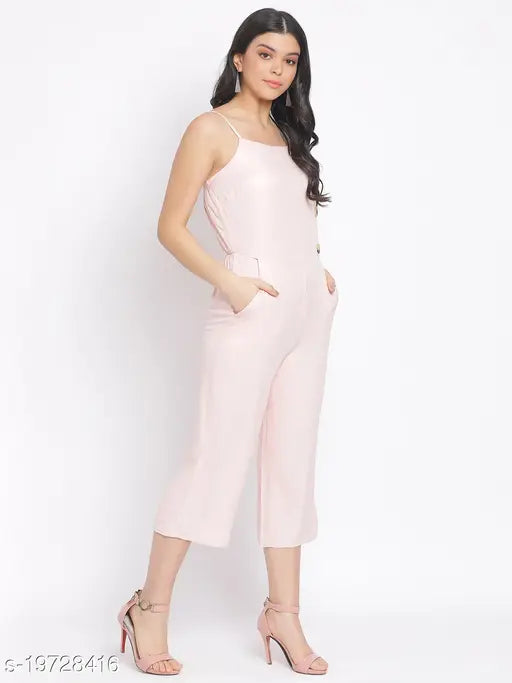 Peach viscose jumpsuit for women, solid color, regular fit - L (36in bust, 47in length, 31in waist), India origin