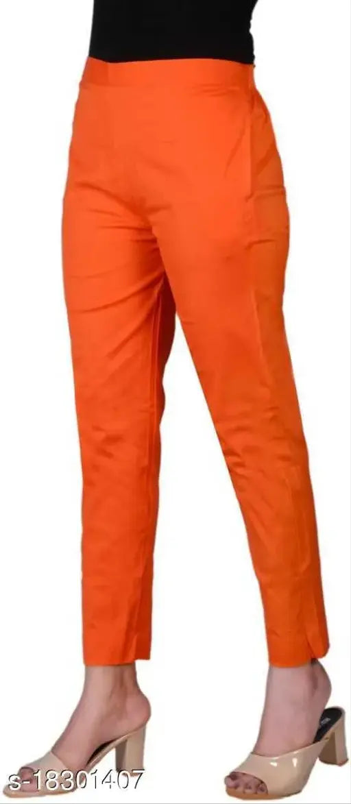 Orange cotton lycra regular-slim fit casual trousers, soft and comfortable, popular summer wear for women