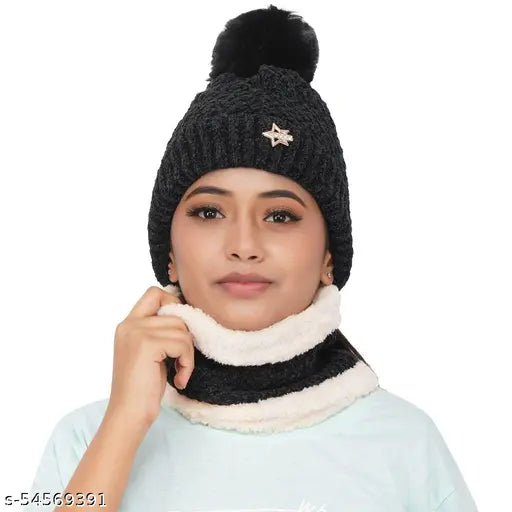 Trendy fur-lined velvet wool beanie & scarf set for women, premium quality, stylish winter warm wear