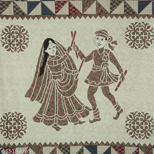 Green Maroon Barmeri Dandiya flat sheet with matching pillow cover, 100% cotton Jaipuri print on single bed, traditional Rajasthani screen printing method