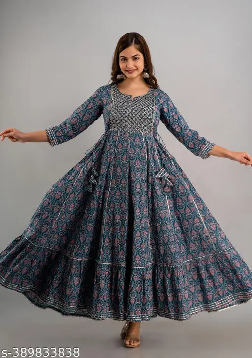 Indian-made, printed pure cotton ankle flared kurta with three-quarter sleeves - Nishabd Women