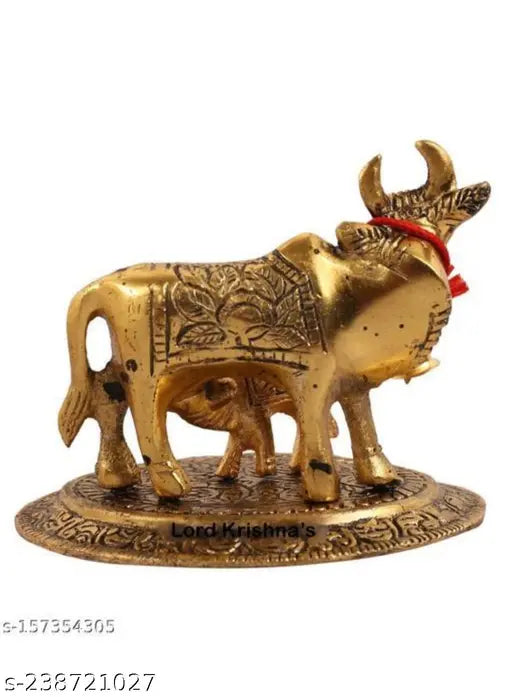 Bronze Kamdhenu cow statue with calf, golden metal decorative showpiece, 11cm (Indian ethnic art)