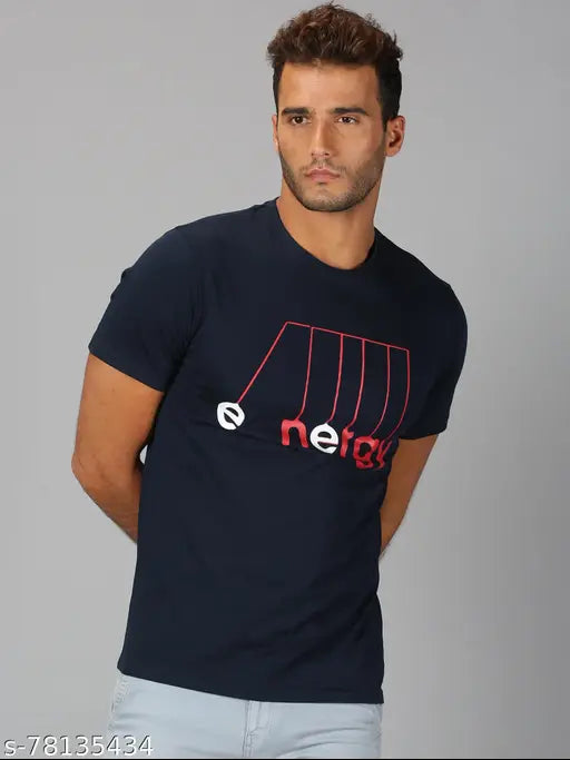 Navy blue printed round cotton t-shirt for men, short sleeves, vibrant design from UrGear, India