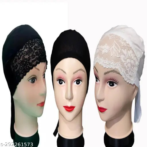 Cotton canvas self-design Islamic cap pack of 3 for Muslim women, under hijab bonnet - Indian origin