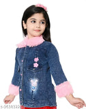 The image features a young girl wearing a suede denim jacket with a graphic borg collar, and she is posing for the photo