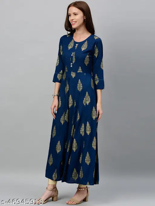 Teal rayon Anarkali kurti, stylish ethnic wear with printed slub fabric and three-quarter sleeves, Kipek brand, India origin